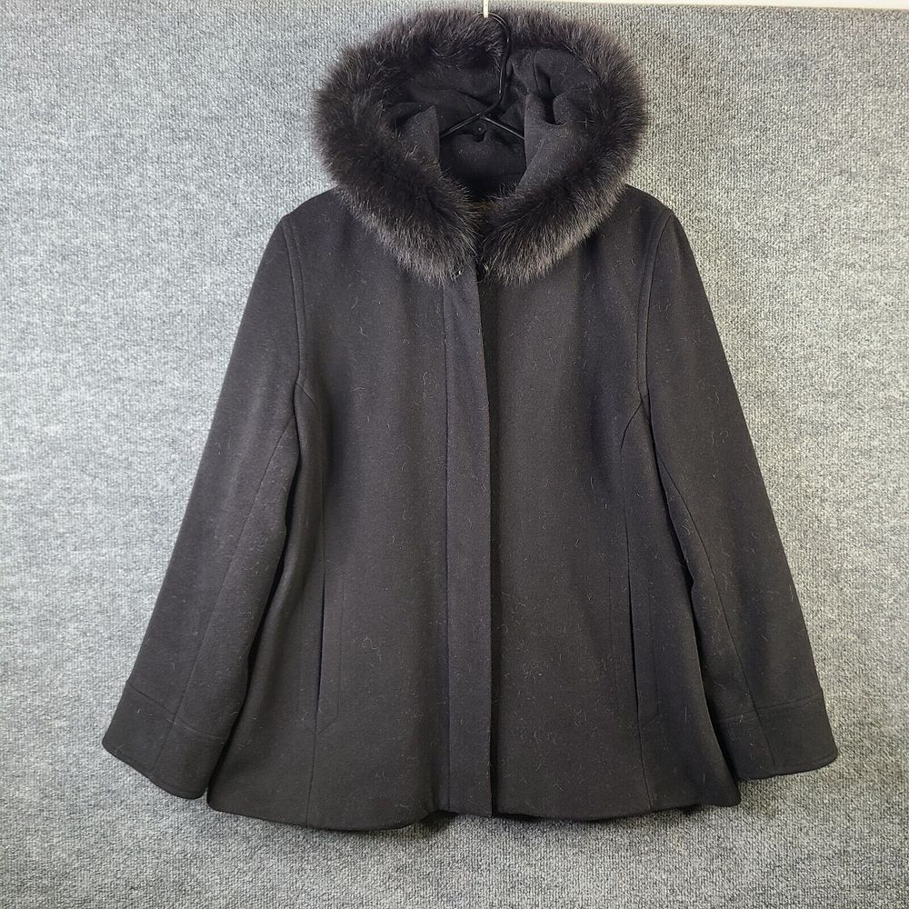 Sachi Collection Jacket Womens L Wool Cashmere Fox Fur Trim Black Winter Coat